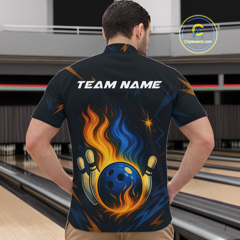 Blue and Yellow Flame Bowling shirts for Men custom bowling team jerseys for mens bowler NQS10262