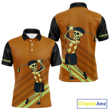 Load image into Gallery viewer, Funny argyle pattern Skull Golf Polo Shirts for men Custom mens golf attire, cool golf gifts | Orange NQS10656