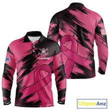 Load image into Gallery viewer, Black and Pink ribbon Men golf polo shirts Custom breast cancer American flag golf top for men NQS10140