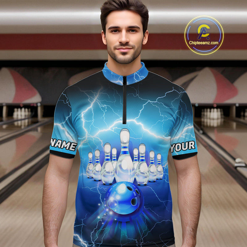 Blue lightning thunder American flag Bowling shirts for Men Custom patriotic bowling team jersey NQS10148