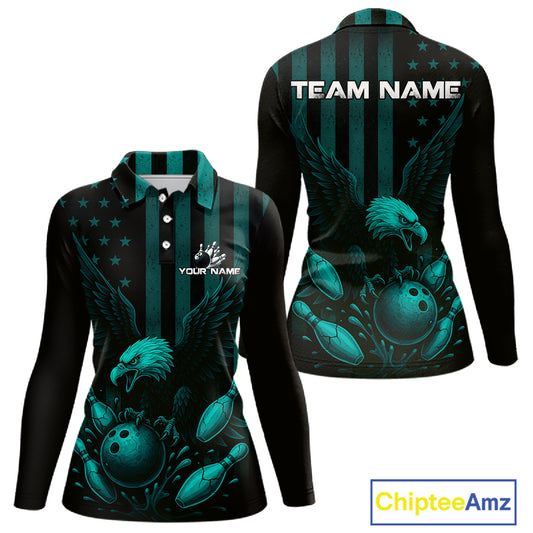 Black and Cyan Blue American Flag Eagle Bowling Shirt For Women Custom Patriotic Team bowling jerseys NQS10478