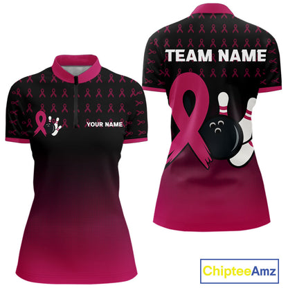 Black and Pink ribbon pattern Bowling shirts for Women Custom breast cancer bowling team jerseys NQS10158