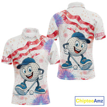 Load image into Gallery viewer, Funny Golf Ball Watercolor red, white and blue Mens golf polo shirts custom patriotic fun golf shirts NQS10293