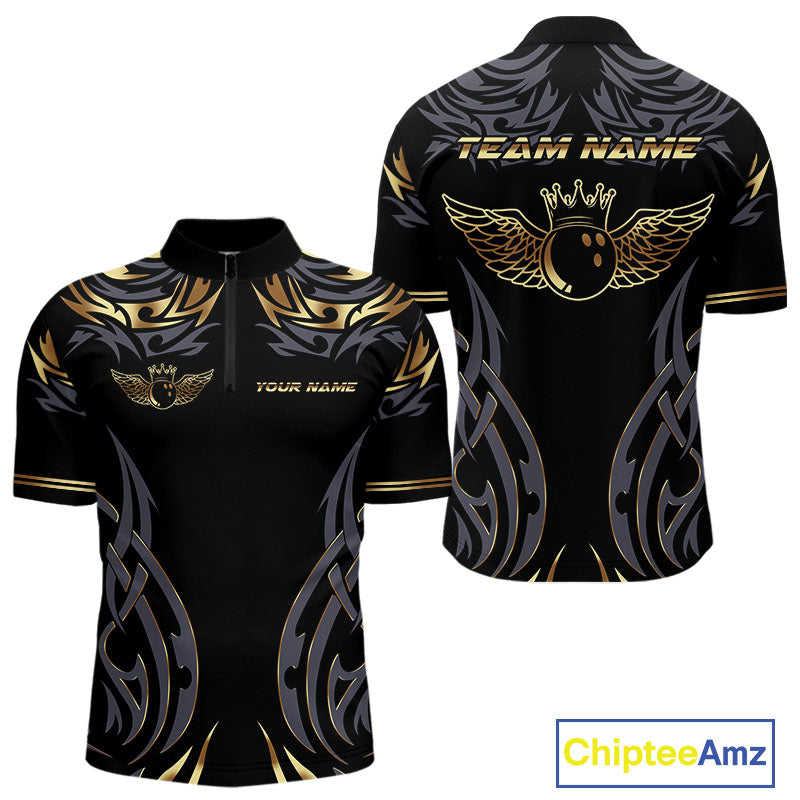Personalized Black And Gold tribal pattern Bowling Shirts For Men, angel wings Bowling Team jerseys NQS10298
