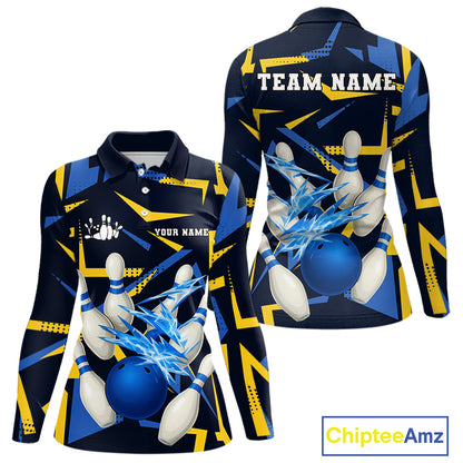 Personalized Blue & Yellow camo lightning thunder Bowling Shirts For Women Custom Bowling Team jersey NQS10305