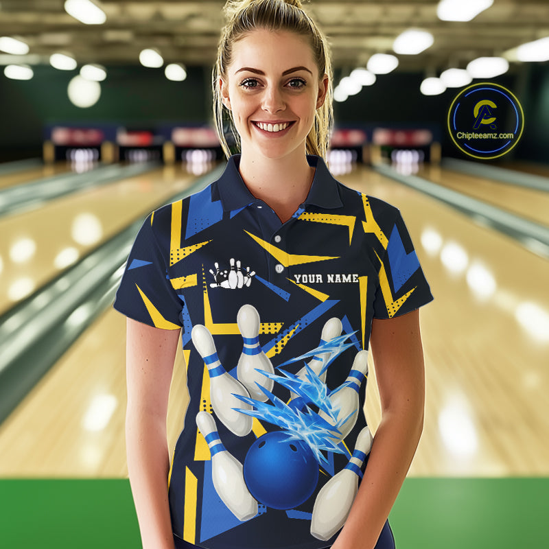 Personalized Blue & Yellow camo lightning thunder Bowling Shirts For Women Custom Bowling Team jersey NQS10305