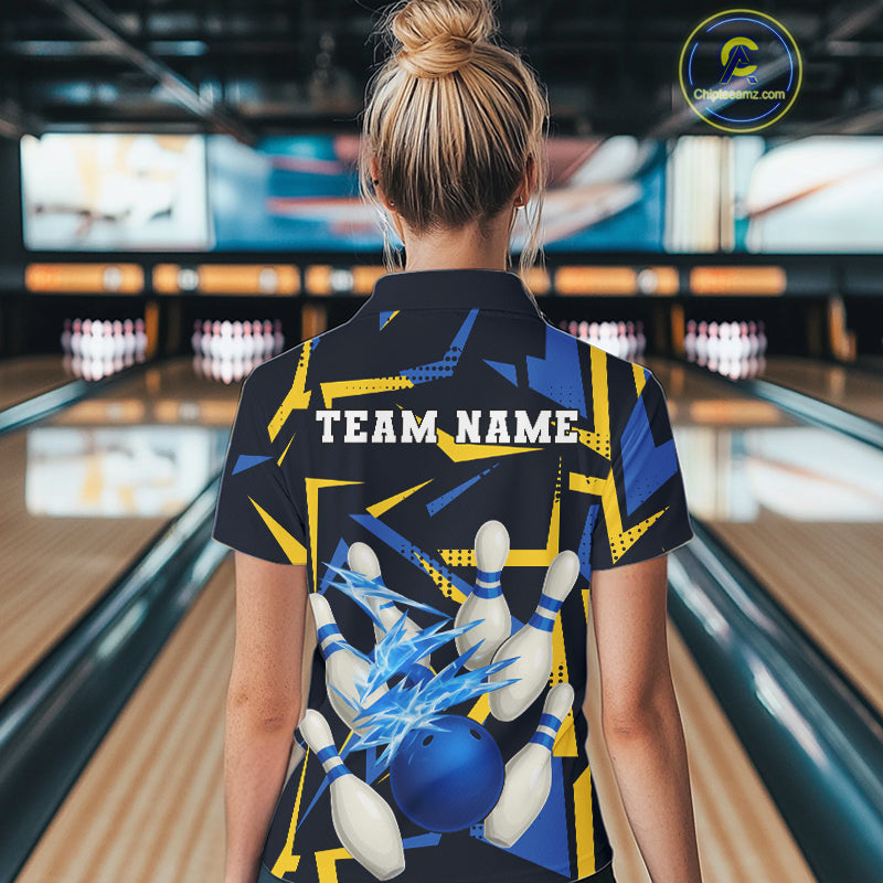 Personalized Blue & Yellow camo lightning thunder Bowling Shirts For Women Custom Bowling Team jersey NQS10305