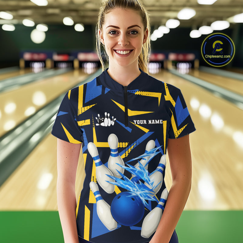 Personalized Blue & Yellow camo lightning thunder Bowling Shirts For Women Custom Bowling Team jersey NQS10305