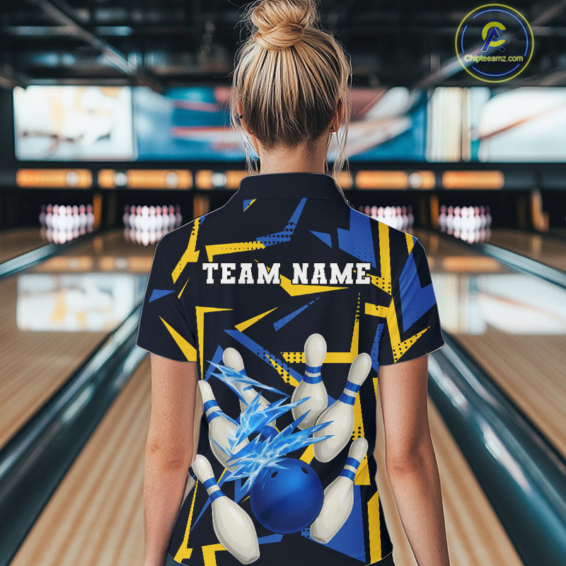 Personalized Blue & Yellow camo lightning thunder Bowling Shirts For Women Custom Bowling Team jersey NQS10305