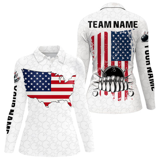 Personalized American Flag White Bowling Shirts For Women Custom patriotic Team Bowling jerseys NQS10184