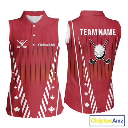 Red and White maple leaf Canadian Women sleeveless polo shirt Custom Patriotic Golf attire For ladies NQS10185