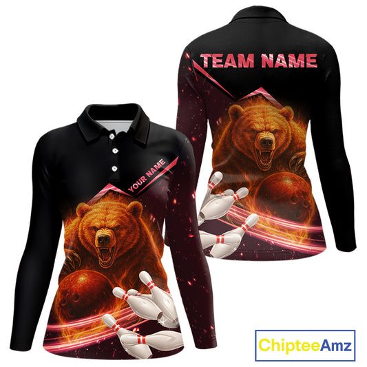 Custom Flame Bear Bowling Team Polo, Quarter zip Shirts For Women, Team Bowling Uniform NQS10321