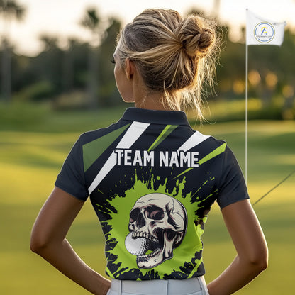 Black and Green Skull Golf polo shirts for Women Custom team golf outfits ladies, cool golf gifts NQS10025