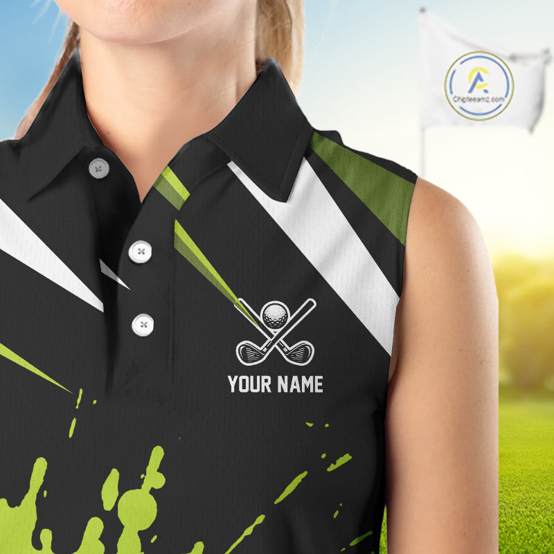 Black and Green Skull Sleeveless Golf polo shirts Custom team golf outfits ladies, cool golf gifts NQS10025