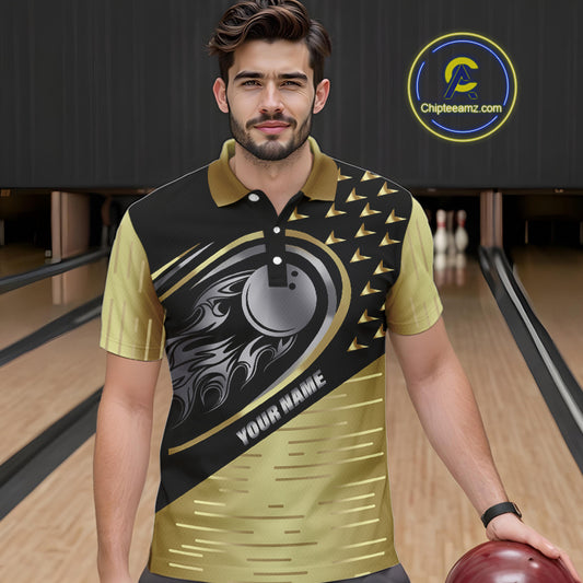 Black and Gold Flame Bowling ball Polo, Quarter Zip Shirts for Men Custom Bowling Team jerseys NQS10029