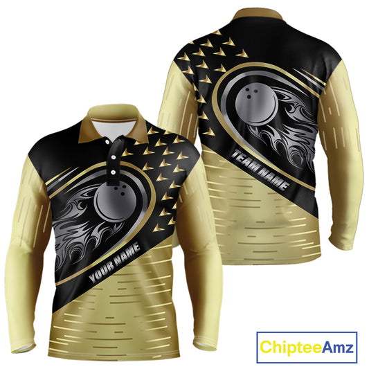 Black and Gold Flame Bowling ball Polo, Quarter Zip Shirts for Men Custom Bowling Team jerseys NQS10029