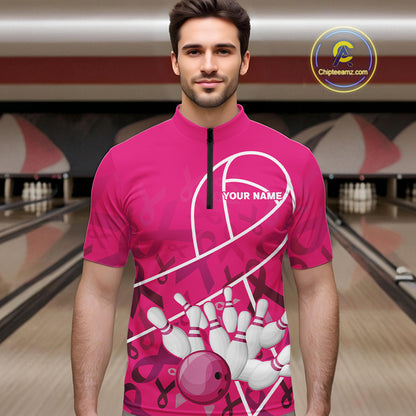 Pink ribbon pattern breast cancer awareness Bowling Shirts For Men Custom team bowling jerseys NQS10190
