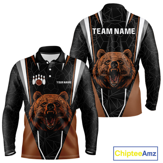 Personalized Bear Bowling Polo, Quarter Zip Shirts For Men, Bear Bowling Team Brown League Jersey NQS10344