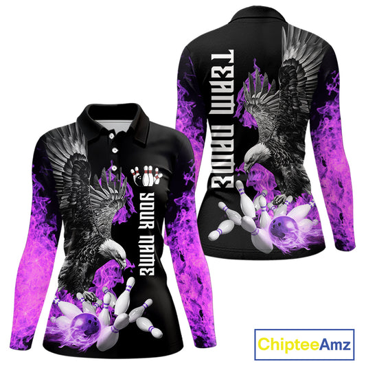 Custom Purple Flame Black Eagle Bowling Polo, Quarter Zip Shirt For Women, Team Bowling Clothes NQS10351