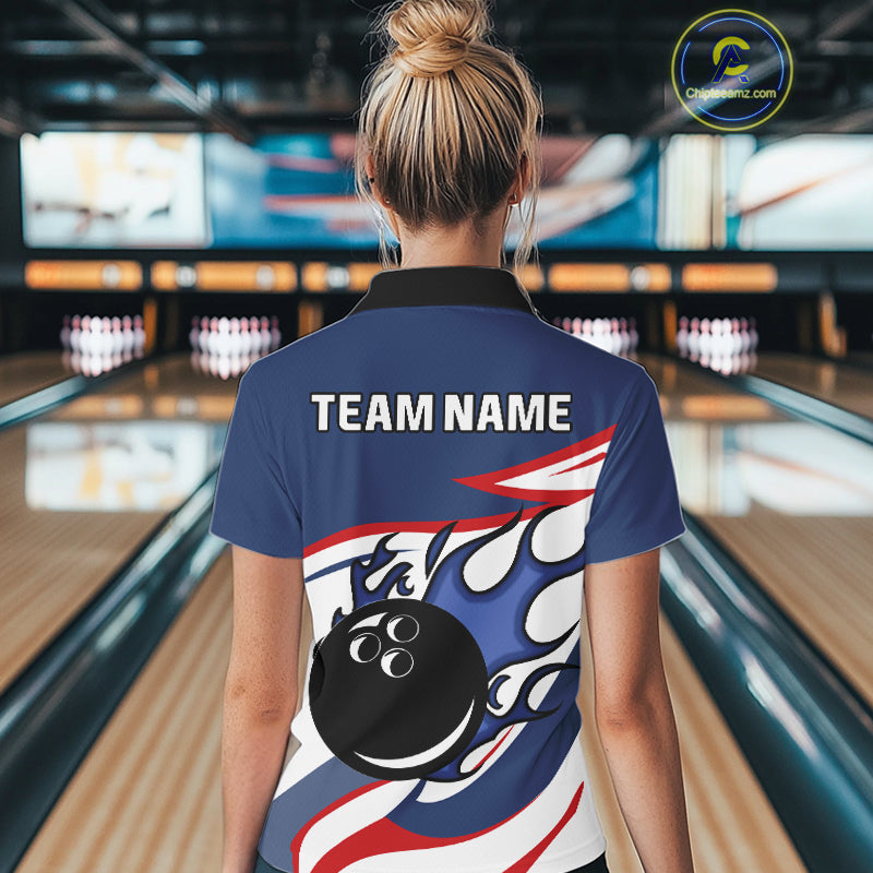 Red, White and Blue Flame bowling ball polo, 1/4 zip shirts for Women Custom patriotic Bowling Outfit NQS10045