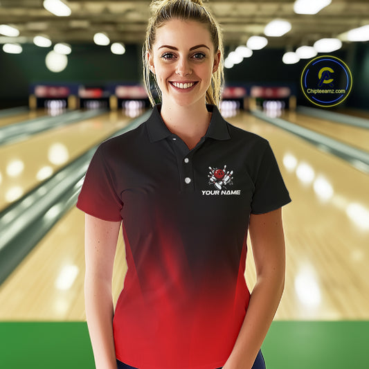 Custom Black and Red Bowling Polo, Quarter Zip Team Shirts For Women, Bowling Outfit Gift For Bowlers NQS10565