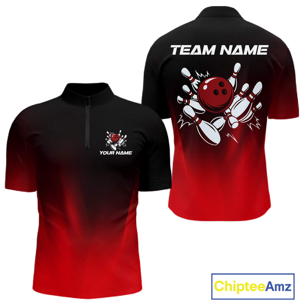 Custom Black and Red Bowling Polo, Quarter Zip Team Shirts For Men, Bowling Outfit Gift For Bowlers NQS10565