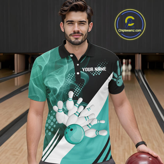 Mens bowling polo, 1/4 zip shirts Custom cyan blue smoke bowling team jerseys, gift for Bowlers NQS10060