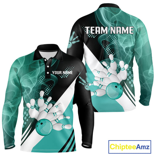 Mens bowling polo, 1/4 zip shirts Custom cyan blue smoke bowling team jerseys, gift for Bowlers NQS10060