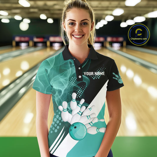 Women bowling polo, 1/4 zip shirts Custom cyan blue smoke bowling team jerseys, gift for Bowlers NQS10060