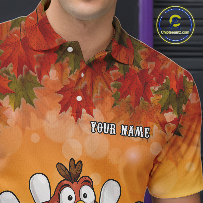 Custom Funny Turkey Bowling Shirt For Men, maple leaf pattern Thanksgiving Bowling Shirt Team Uniform NQS10368