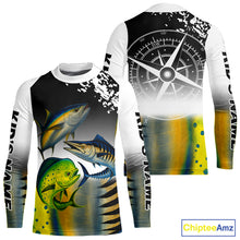 Load image into Gallery viewer, Personalized Mahi Mahi, Wahoo, Tuna scales black Fishing Shirts, compass offshore tournament Shirts NQS10372