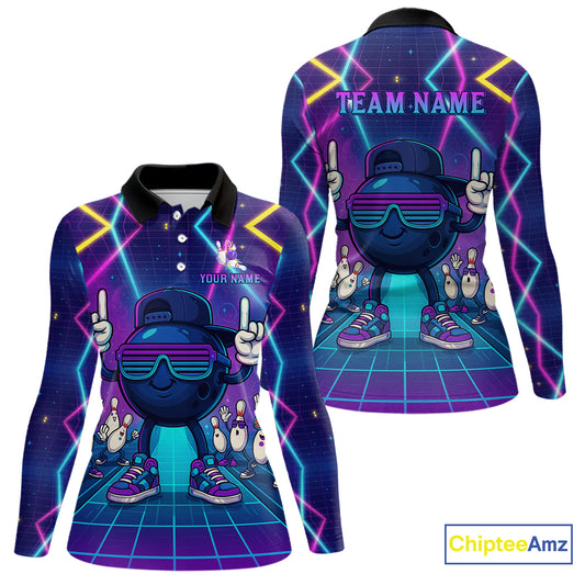 Purple neon stage funny Bowling polo, quarter zip shirts for Women Custom funny bowling team shirts NQS10299
