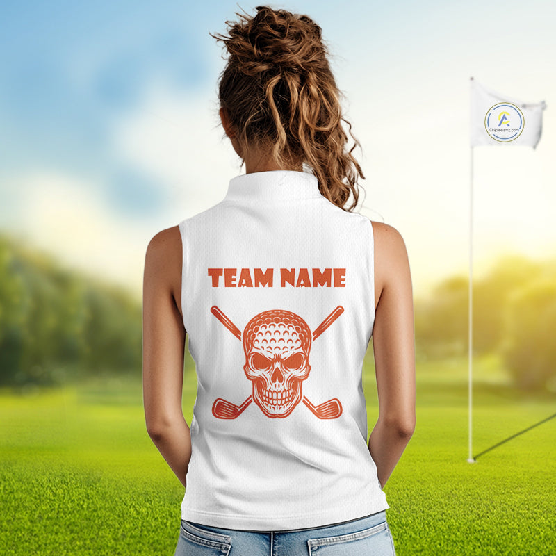 Orange argyle plaid pattern Skull White Sleeveless polo shirt custom Halloween ladies golf attire NQS10357