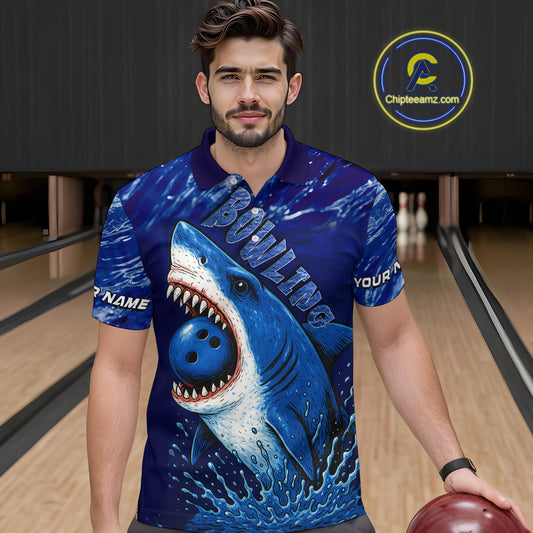 Custom Blue Shark Bowling Polo, Quarter Zip Shirts For Men, Shark Bowling League Shirts NQS10420