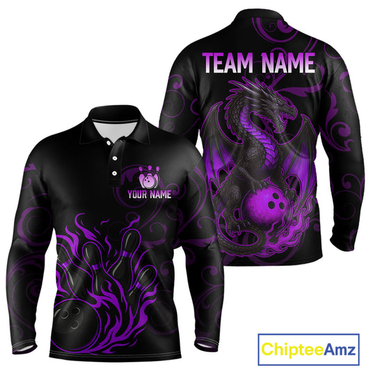 Black And Purple Flame Custom Dragon Bowling Team Shirts For Men, Bowling Uniform Outfit NQS9963