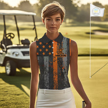Load image into Gallery viewer, Custom Orange Grunge American Flag Patriotic Skull Halloween Sleeveless Polo Shirt, Retro Golf top NQS10483