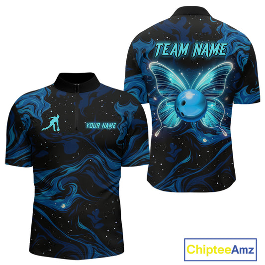 Blue Butterflies Bowling Polo, Quarter-Zip Shirts For Men Custom Team Bowling League Jersey NQS10578