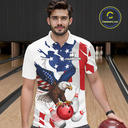 Red, White and Blue American Flag Eagle Bowling Shirts For Men Custom Patriotic Bowling Team Jerseys NQS10639