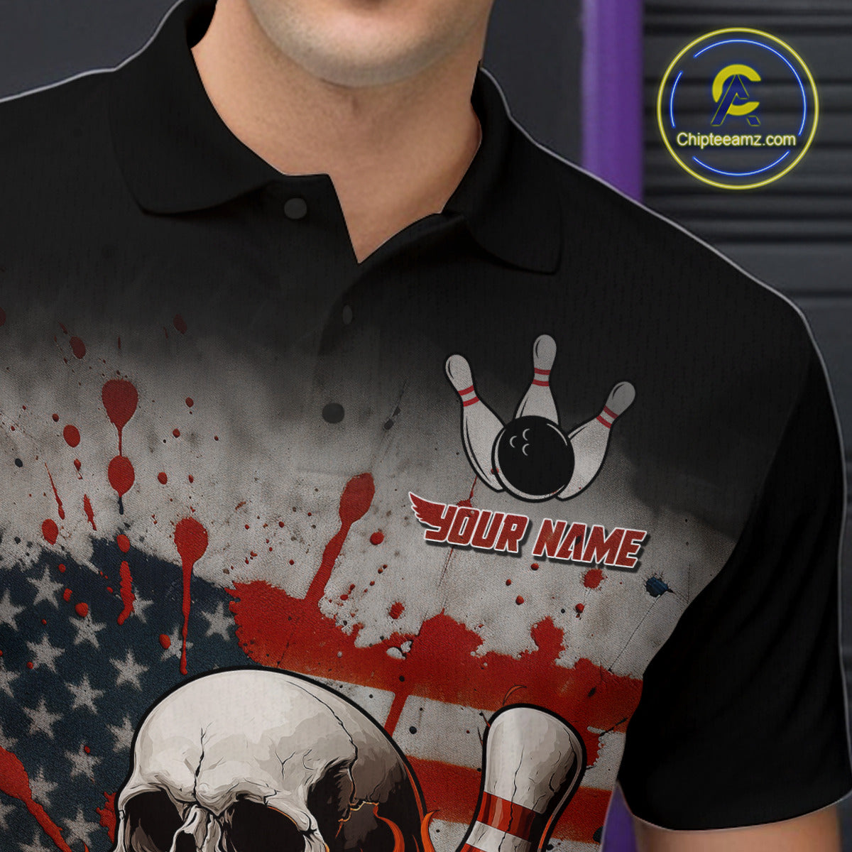 Personalized American Flag Flame Skull Bowling Shirts For Men Custom Patriotic Bowling Team Jersey NQS10462