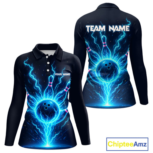 Blue Lightning Thunder Bowling Polo, Quarter Zip Shirts for Women Custom Team Bowling Shirts NQS10520
