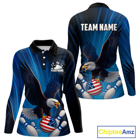 Blue Light Eagle American Flag Women Bowling Polo, 1/4 Zip Shirt Custom Patriotic Team Bowling jersey NQS10350