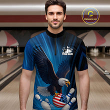 Load image into Gallery viewer, Blue Light Eagle American Flag Men's Bowling Polo, 1/4 Zip Shirt Custom Patriotic Team Bowling jersey NQS10350