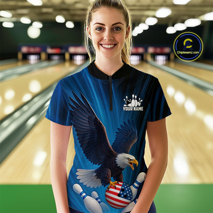 Blue Light Eagle American Flag Women Bowling Polo, 1/4 Zip Shirt Custom Patriotic Team Bowling jersey NQS10350