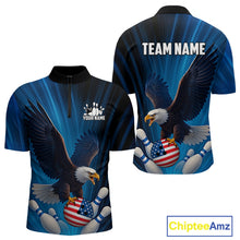 Load image into Gallery viewer, Blue Light Eagle American Flag Men's Bowling Polo, 1/4 Zip Shirt Custom Patriotic Team Bowling jersey NQS10350