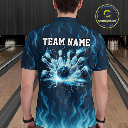 Blue flame lightning thunder Bowling polo, quarter zip shirts for men custom Bowling team jerseys NQS10387