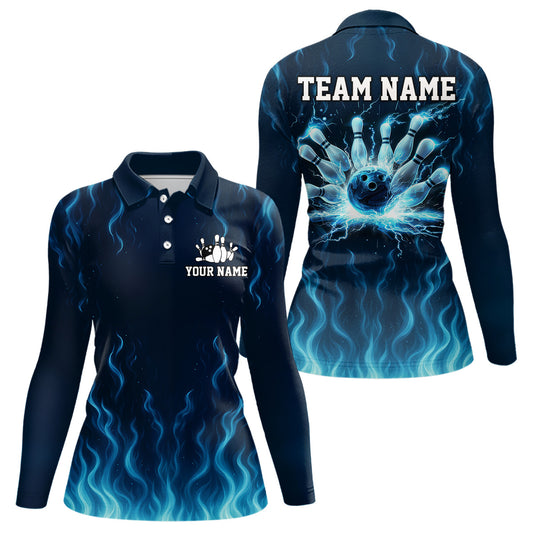Blue flame lightning thunder Bowling polo, quarter zip shirts for Women custom Bowling team jerseys NQS10387