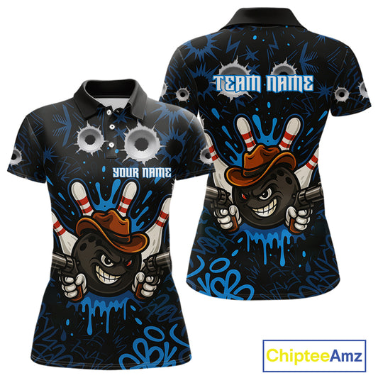 Funny Black and Blue Bowling Cowboy gun Women bowling polo, 1/4 zip shirts Custom bowling team jersey NQS10617