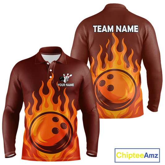 Orange Flame Bowling Polo, Quarter Zip Shirts for Men Custom Bowling Team League Jersey NQS10445