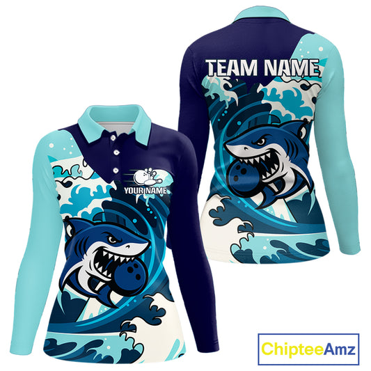 Custom Blue Shark Bowling Polo, Quarter Zip Shirts For Ladies, Personalized Shark Bowling Team Shirt NQS10469