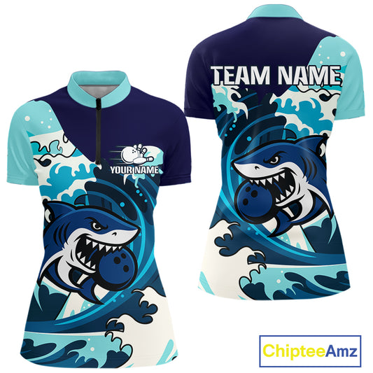 Custom Blue Shark Bowling Polo, Quarter Zip Shirts For Ladies, Personalized Shark Bowling Team Shirt NQS10469